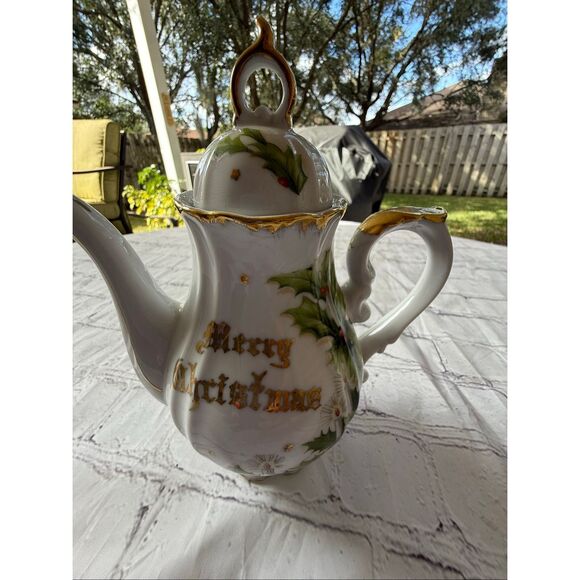 Vintage Norcrest Fine China Merry Christmas Formal Teapot Holly Holiday Print - Picture 7 of 16